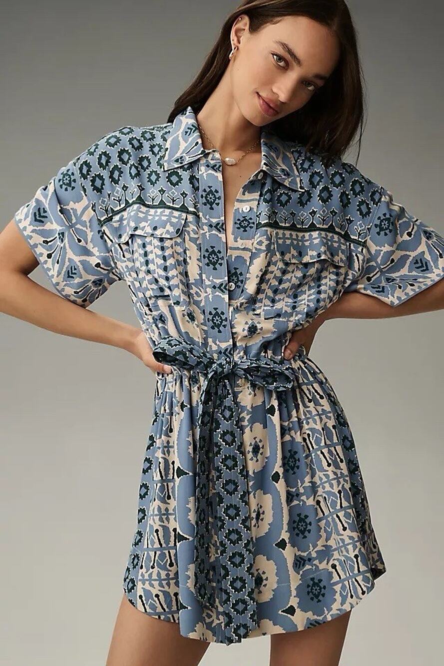 Omika Carla Shirt Dress Blue Ikat Print Modal Belted Mini Short Sleeve Medium